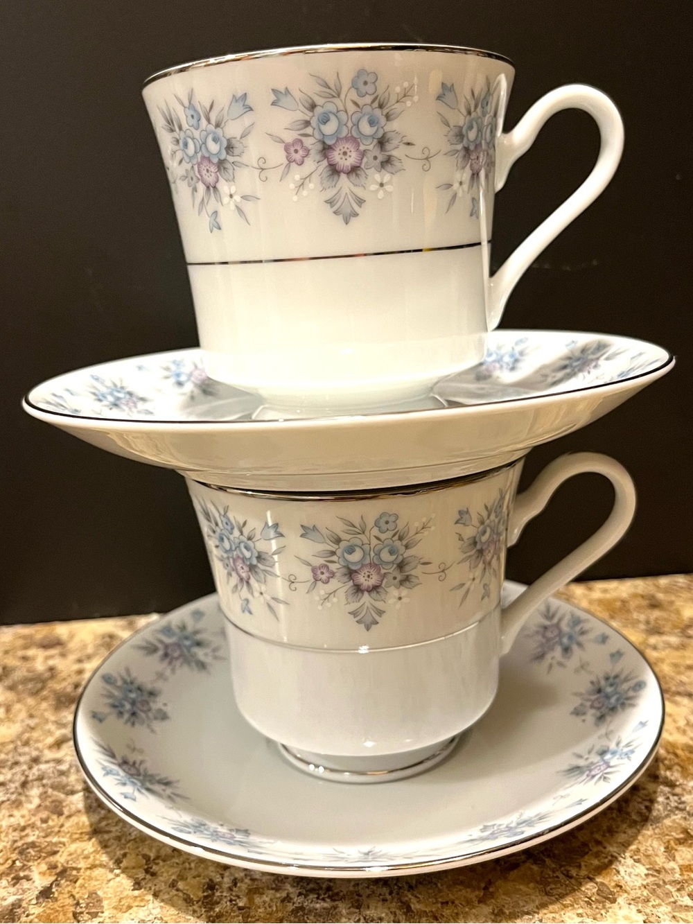 The Wentworth Collection Avington Tea Cups and Saucers with Silver Trim Set of 2